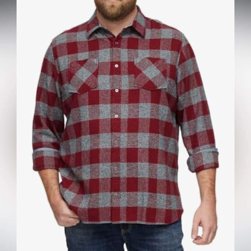 NWT Flag & Anthem Men's Harrels Flannel Shirt Sz LT Maroon Buffalo Plaid Pockets